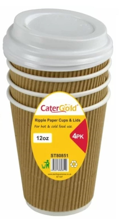 CaterGold 12OZ Ripple Paper Cups & Lids (for Hot & Cold use) 4PK