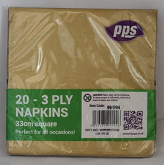 PPS 3 Ply Napkins Gold 33cm (20 Pcs)